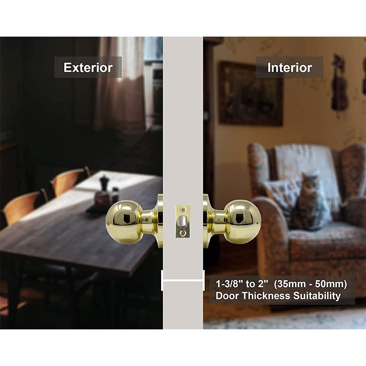 Passage Door knob, Standard Ball, Door Knob Lock No Key, Interior Door Lock Set, Door Knob Handles for Closet and Hall (Passage no Key, Polished Brass)