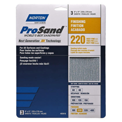 HIGH PERFORMANCE SANDING PAPER 220 VERY FINE GRITS (3 SHEETS OF 9''*11'') - Reno Supplies