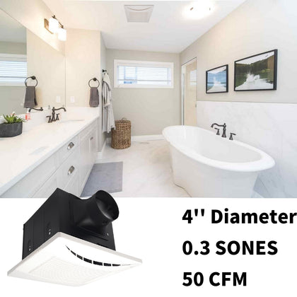 Bathroom Fan, Extremely Quiet Exhaust and Ventilation Fan, Single-Speed, Duct Size 4’’ Diameter,  50 CFM, 0.3 Sones, 16 W, 120 VAC, Energy Star Certified, 2100 HVI Certifies, Easy Install - Reno Supplies