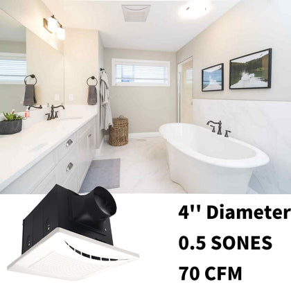 Bathroom Fan, Extremely Quiet Exhaust and Ventilation Fan, Single-Speed, Duct Size 4’’ Diameter,  70 CFM, 0.5 Sones, 19 W, 120 VAC, Energy Star Certified, 2100 HVI Certifies, Easy Install - Reno Supplies