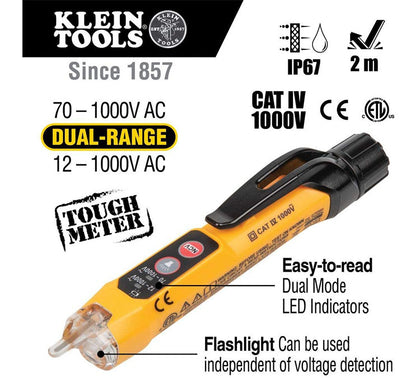 Klein Tools NCVT3P Dual Range Non Contact Voltage Tester, 12-1000V AC Pen, Flashlight, Audible and Flashing LED Alarms, Pocket Clip, Green