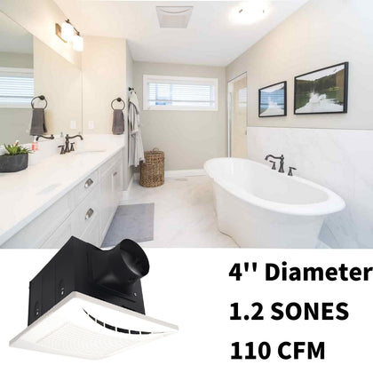 Bathroom Fan, Extremely Quiet Exhaust and Ventilation Fan, Single-Speed, Duct Size 4’’ Diameter,  110 CFM, 1.2 Sones, 30 W, 120 VAC, Energy Star Certified, 2100 HVI Certifies, Easy Install - Reno Supplies