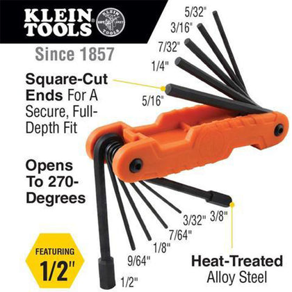 Klein Tools 70550 Pro Folding Hex Key Set, 11 Fractional Inch-Sized Keys - Reno Supplies