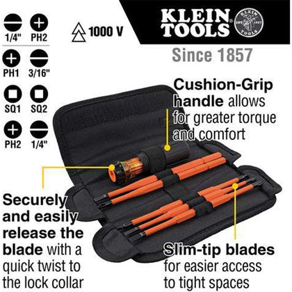 Klein Tools 32288 Insulated Screwdriver, 8-in-1 Screwdriver Set with Interchangeable Blades, 3 Phillips, 3 Slotted & 2 Square Tips - Reno Supplies