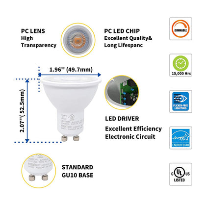 RS GU10 LED Bulbs, Dimmable, 6.5W, 500LM, (60W Halogen Bulb Equivalent), LED Spotlight Bulbs, Recessed Lighting, UL Listed, Energy Star Certified
