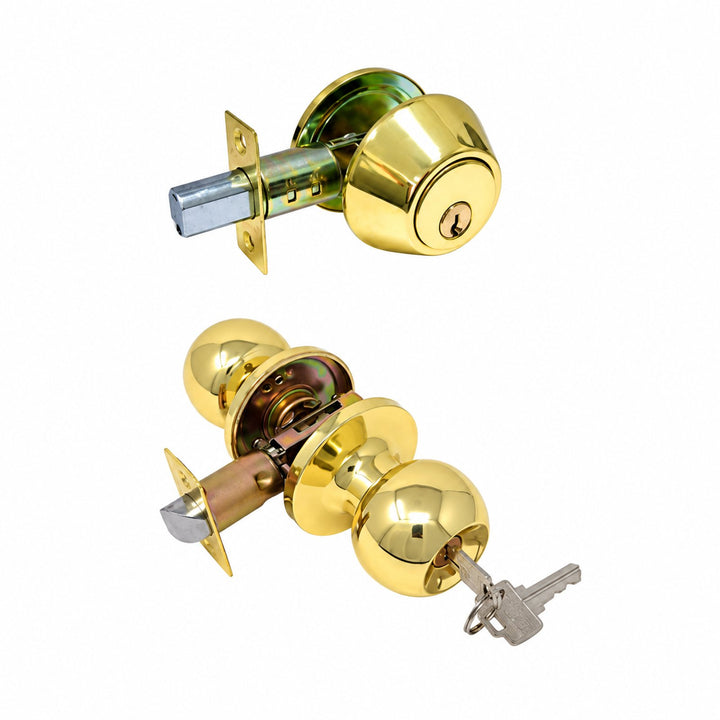 RS Entry Door Knob and Single Cylinder Deadbolt Combo, Keyed on One Side, One Key-Way Entrance Door Knob Entry with Key Handle, standard Ball, Suitable for door Thickness between 1-3/8’’ to 2’’ (Entry Door Knob with Deadbolt Combo, Polished Brass) - Reno Supplies