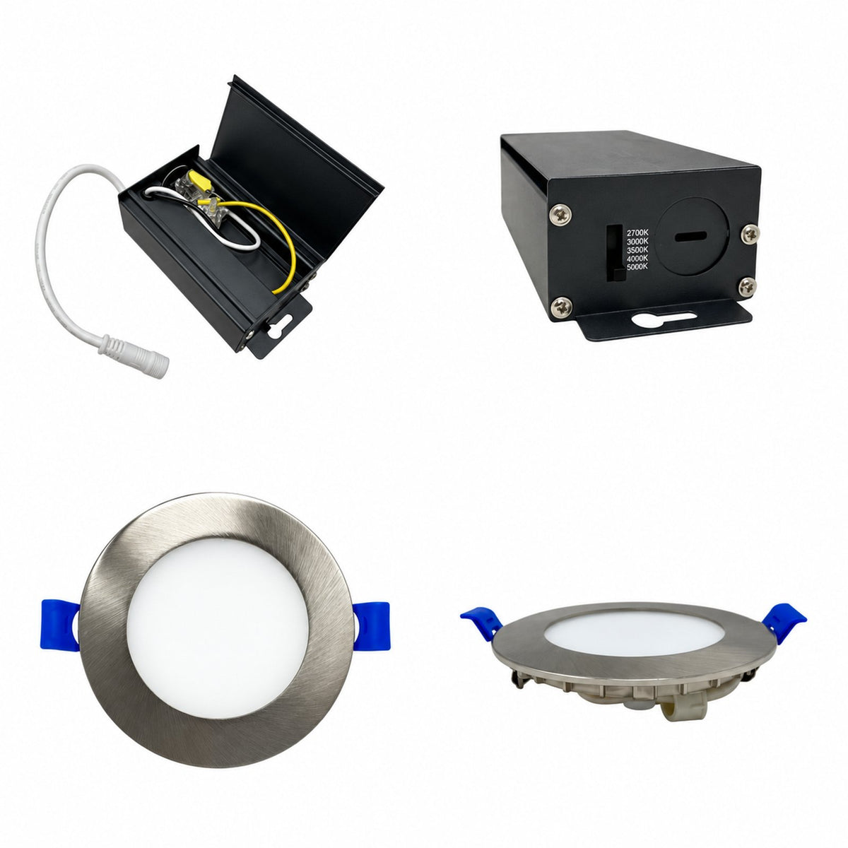 3.5" ROUND SUPER-THIN LED SLIM PANEL, DIMMABLE, 7W, 500LM (5CCT SWITCHABLE) 2700K-3000K-3500K-4000K-5000K, AIRTIGHT WITH JUNCTION BOX  (Brushed Nickel Trim)
