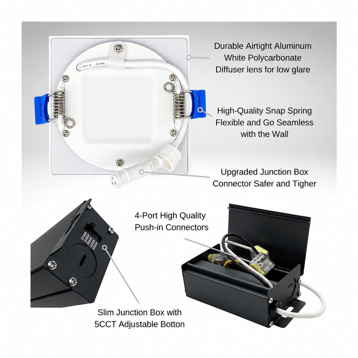 3" SQUARE SUPER-THIN LED SLIM PANEL, DIMMABLE, 7W, 500LM (5CCT SWITCHABLE)2700K-3000K-3500K-4000K-5000K, AIRTIGHT WITH JUNCTION BOX (White)
