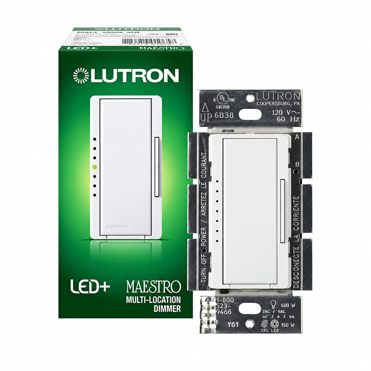 Lutron Maestro LED+ Dimmer Switch | for Dimmable LED, Halogen & Incandescent Bulbs | Single-Pole or Multi-Location | MACL-153M-WH-C | White