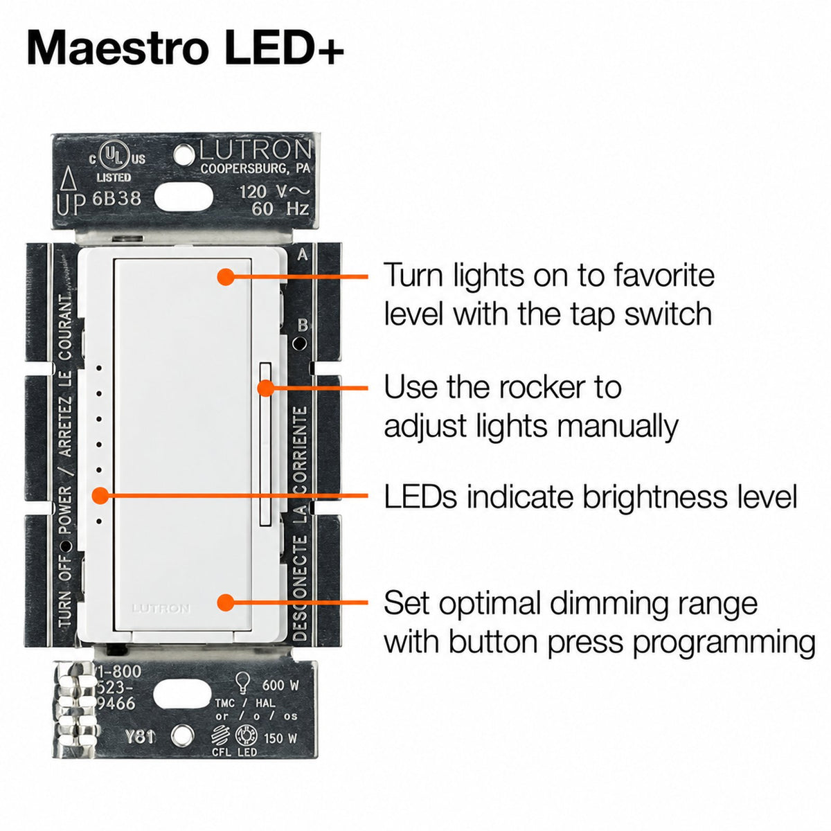 Lutron Maestro LED+ Dimmer Switch | for Dimmable LED, Halogen & Incandescent Bulbs | Single-Pole or Multi-Location | MACL-153M-WH-C | White