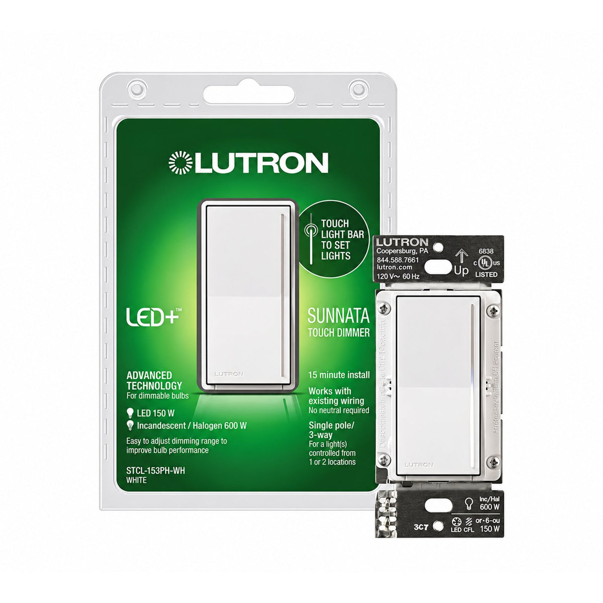 Lutron STCL-153PH-WH Sunnata Touch Dimmer 150W LED/600W Incandescent/Halogen, 120V (White)