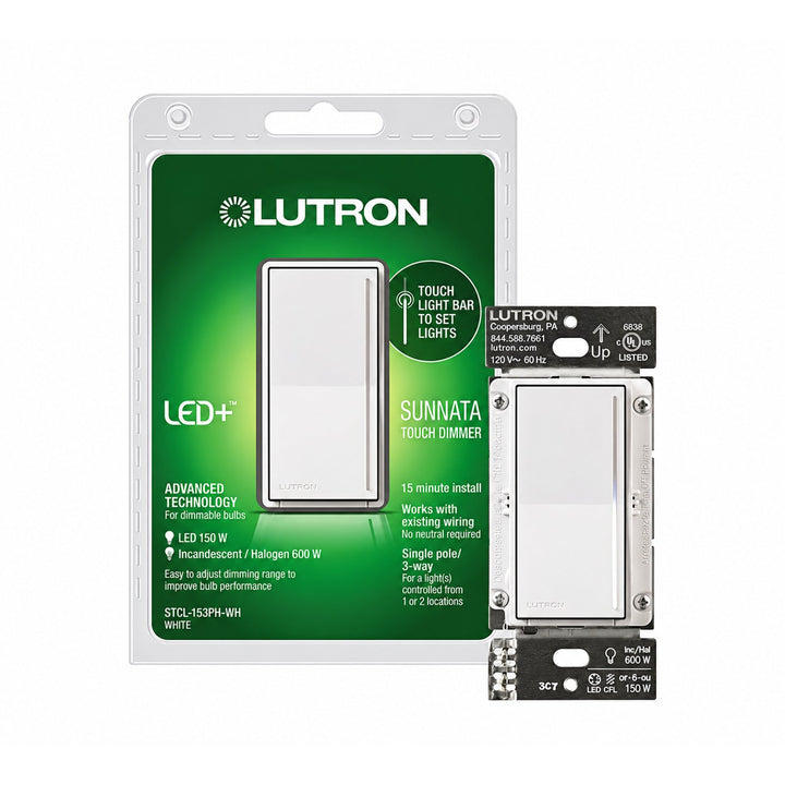 Lutron STCL-153PH-WH Sunnata Touch Dimmer 150W LED/600W Incandescent/Halogen, 120V (White)