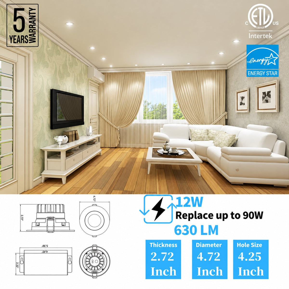 4Inch Dim to Warm Baffle LED Recessed Light with Air Tight Junction Box, 12W, 660 LM, Dimmable from 3000K to 2200K, Adjustable & Rotatable