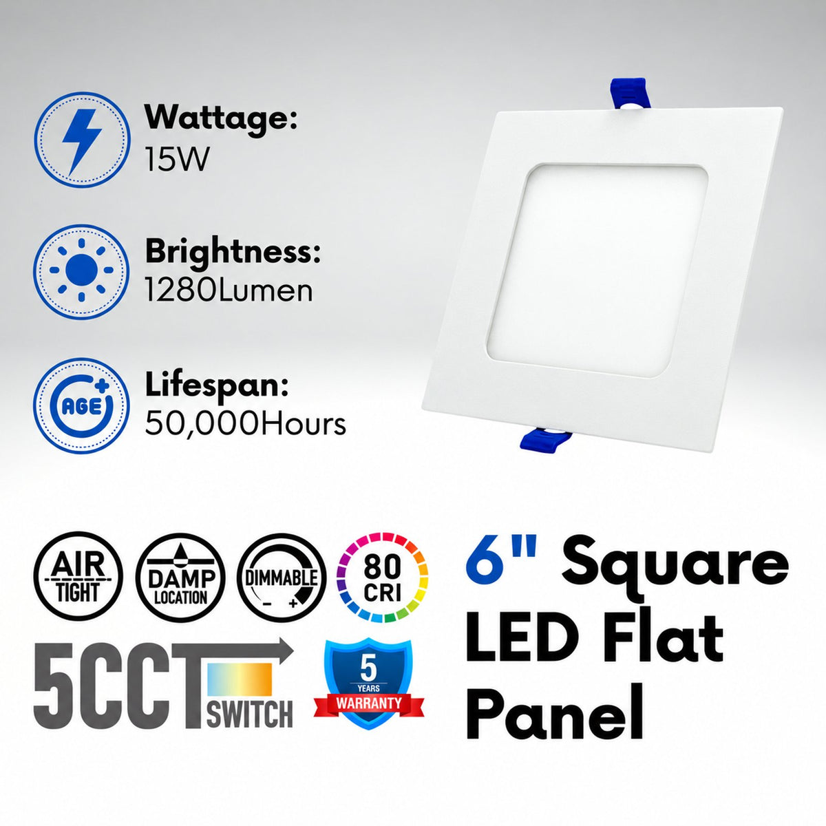 6" SQUARE SUPER-THIN LED SLIM PANEL, DIMMABLE, 15W, 1250LM (5CCT SWITCHABLE)2700K-3000K-3500K-4000K-5000K, AIRTIGHT WITH JUNCTION BOX (WHITE)
