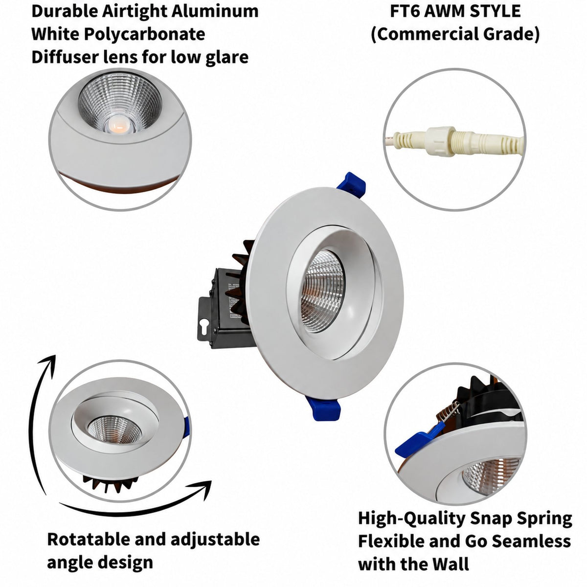 4Inch Dim to Warm Baffle LED Recessed Light with Air Tight Junction Box, 12W, 660 LM, Dimmable from 3000K to 2200K, Adjustable & Rotatable