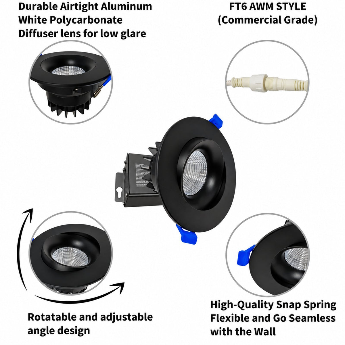4" Dim to Warm Baffle LED Recessed Light with Air Tight Junction Box, 12W, 660 LM, Dimmable from 3000K to 2200K, Adjustable & Rotatable (Black Trim)