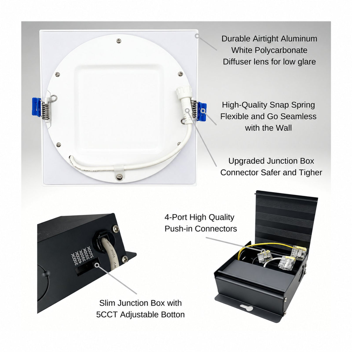 6" SQUARE SUPER-THIN LED SLIM PANEL, DIMMABLE, 15W, 1250LM (5CCT SWITCHABLE)2700K-3000K-3500K-4000K-5000K, AIRTIGHT WITH JUNCTION BOX (WHITE)