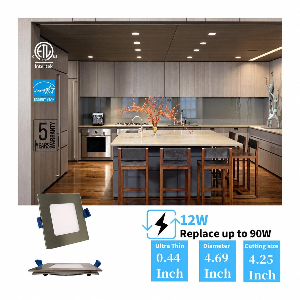 4" SQUARE SUPER-THIN LED SLIM PANEL, DIMMABLE, 12W, 750LM (3CCT SWITCHABLE) 3000K-4000K-5000K, AIRTIGHT WITH JUNCTION BOX