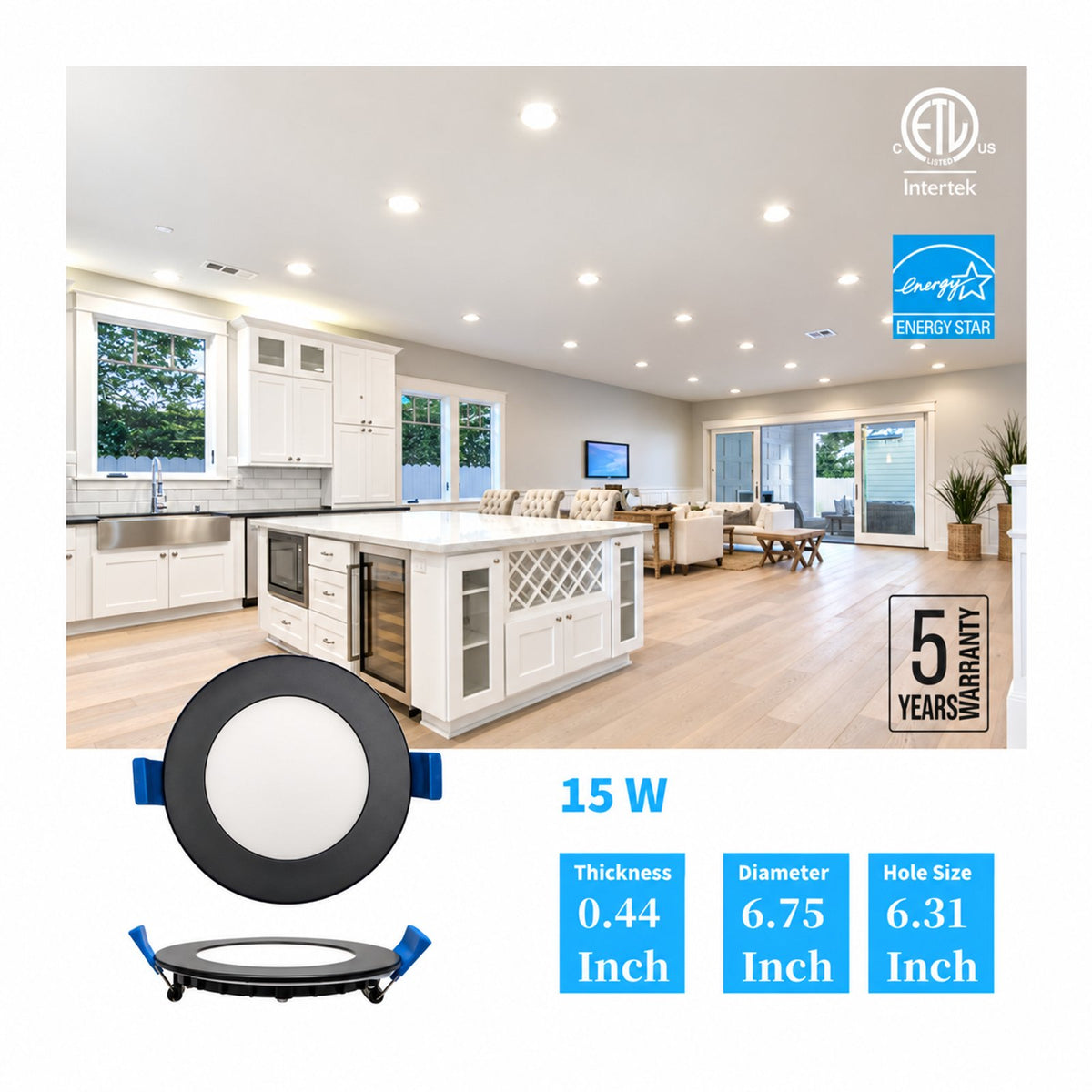 6" Round SUPER-THIN LED SLIM PANEL, DIMMABLE, 15W, 1000LM (3CCT SWITCHABLE) 3000K-4000K-5000K, AIRTIGHT WITH JUNCTION BOX (Black Trim) - Reno Supplies