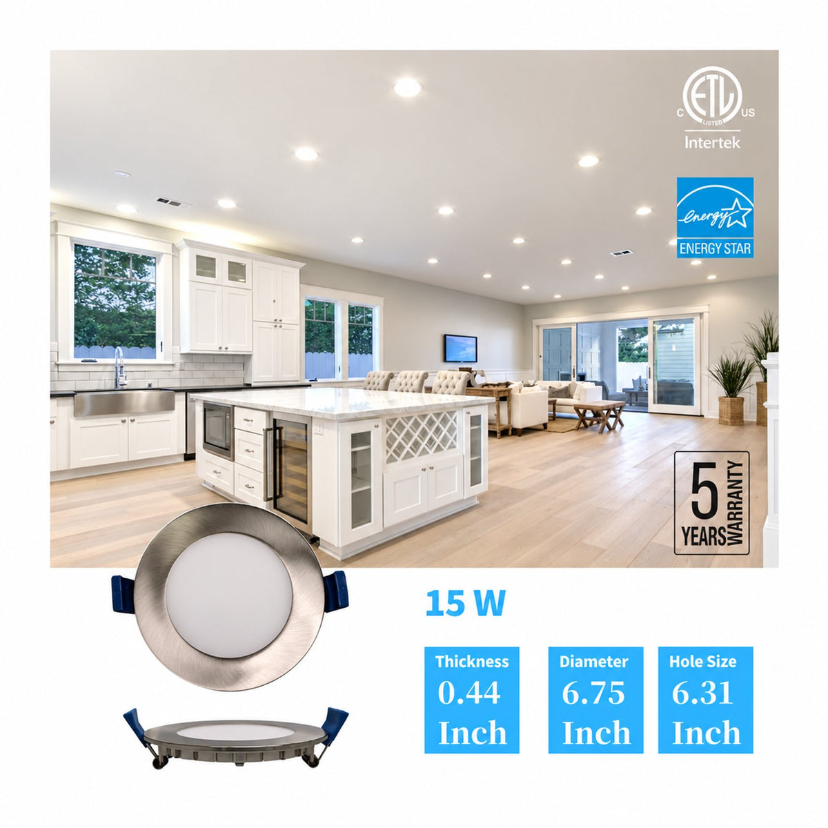 6" Round SUPER-THIN LED SLIM PANEL, DIMMABLE, 15W, 1000LM (3CCT SWITCHABLE) 3000K-4000K-5000K, AIRTIGHT WITH JUNCTION BOX (Brushed Nickel Trim) - Reno Supplies