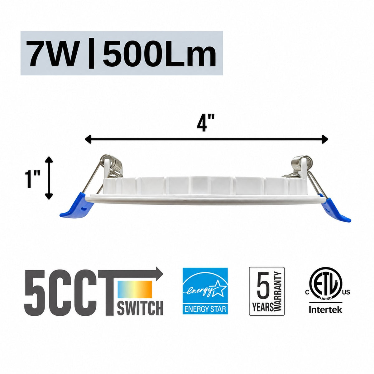 3.5" ROUND SUPER-THIN LED SLIM PANEL, DIMMABLE, 7W, 500LM (5CCT SWITCHABLE) 2700K-3000K-3500K-4000K-5000K, AIRTIGHT WITH JUNCTION BOX  (WHITE TRIM)