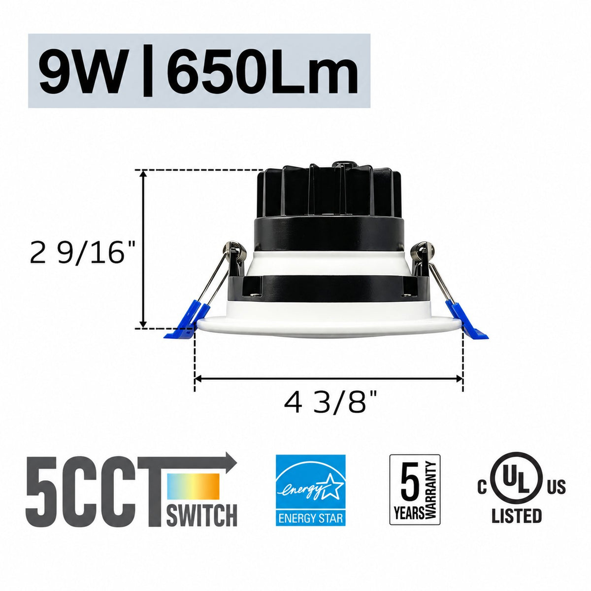 3.5" ROUND BAFFLE LED RECESSED LIGHT, 9W, 650LM, 5CCT SWITCHABLE 2700K-3000K-3500K-4000K-5000K, AIRTIGHT WITH JUNCTION BOX (WHITE TRIM)
