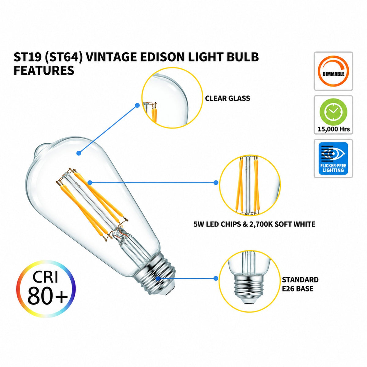 RS Vintage Led Edison Light Bulbs, 5W (40Wattage Equivalent), 450LM Dimmable, 110VAC, ST19(ST64) Filament Bulbs with E26 Base