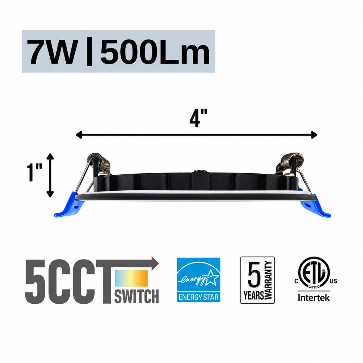 3.5" ROUND SUPER-THIN LED SLIM PANEL, DIMMABLE, 7W, 500LM (5CCT SWITCHABLE) 2700K-3000K-3500K-4000K-5000K, AIRTIGHT WITH JUNCTION BOX  (Black Trim)