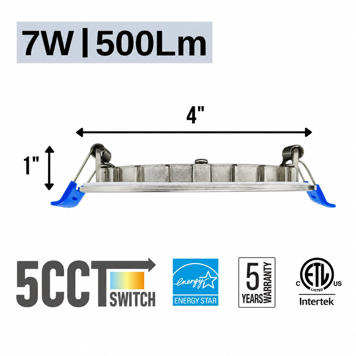 3.5" ROUND SUPER-THIN LED SLIM PANEL, DIMMABLE, 7W, 500LM (5CCT SWITCHABLE) 2700K-3000K-3500K-4000K-5000K, AIRTIGHT WITH JUNCTION BOX  (Brushed Nickel Trim)