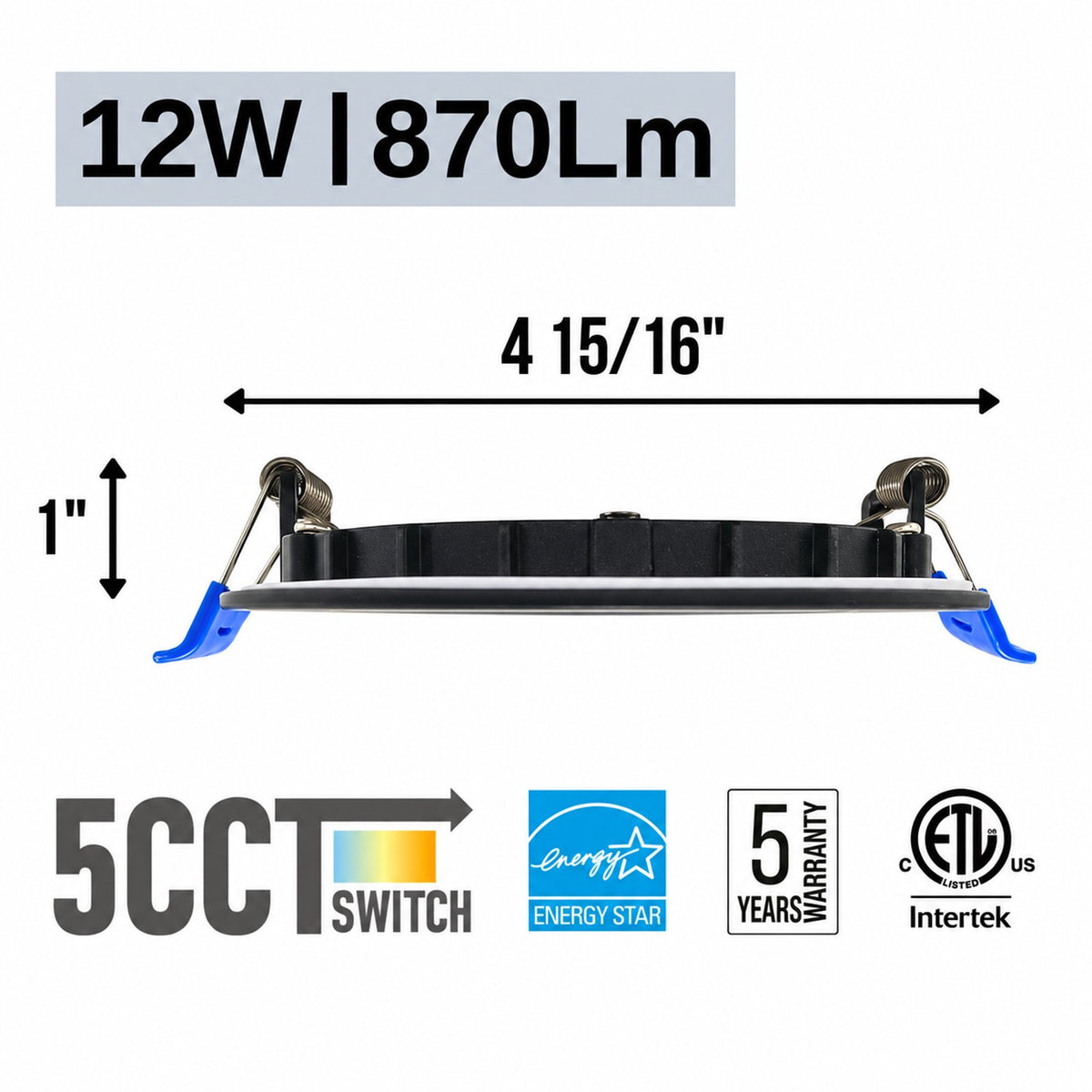 4" ROUND SUPER-THIN LED SLIM PANEL, DIMMABLE, 12W, 870LM (5CCT SWITCHABLE) 2700k-3000k-3500k-4000k-5000k, AIRTIGHT WITH JUNCTION BOX  ( Black Trim)