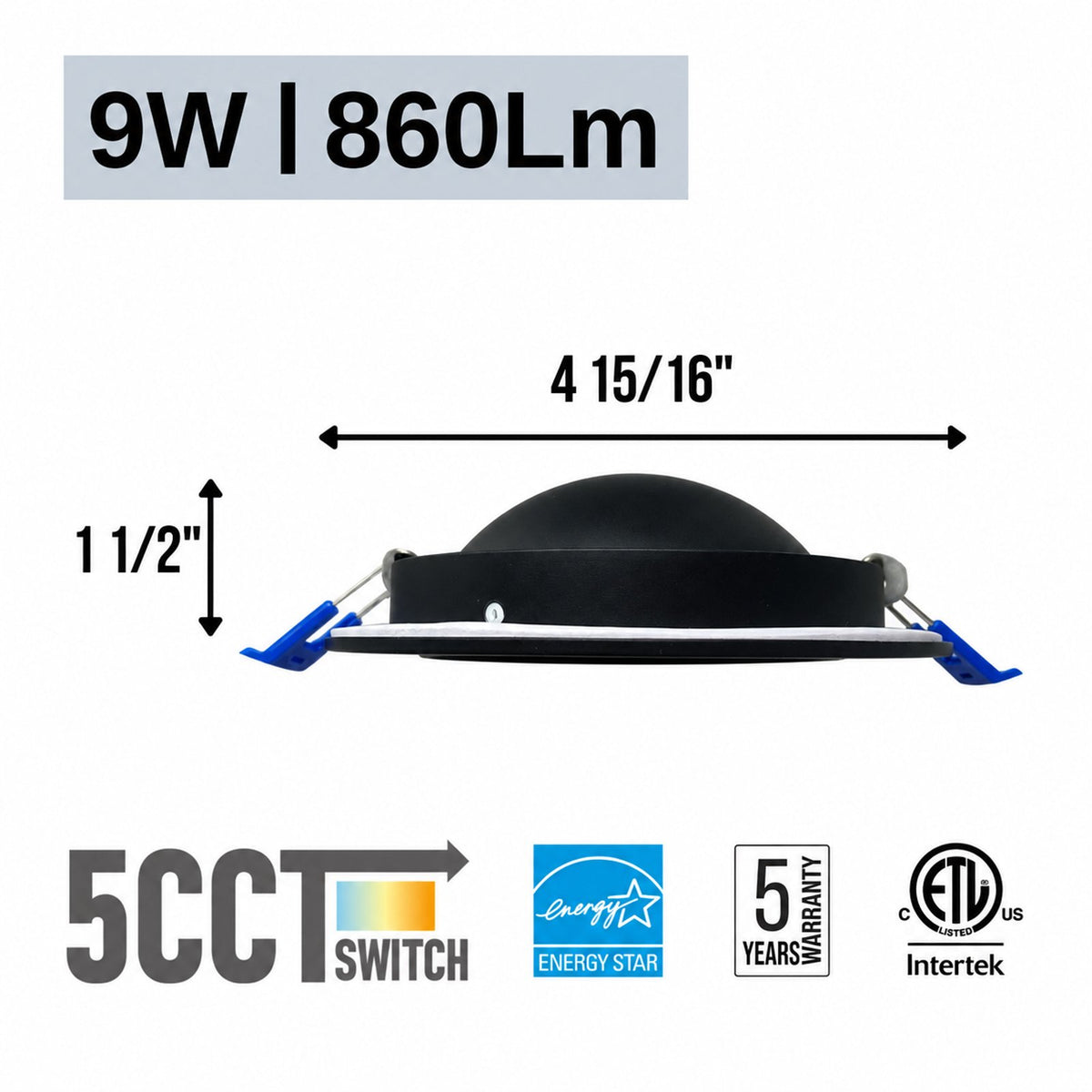 4" Round Gimbal LED Slim panel, Dimmable, 9W, 860LM, 5CCT SWITCHABLE (2700K/3000K/3500K/4000K/5000K), Airtight with junction box (Black Trim)