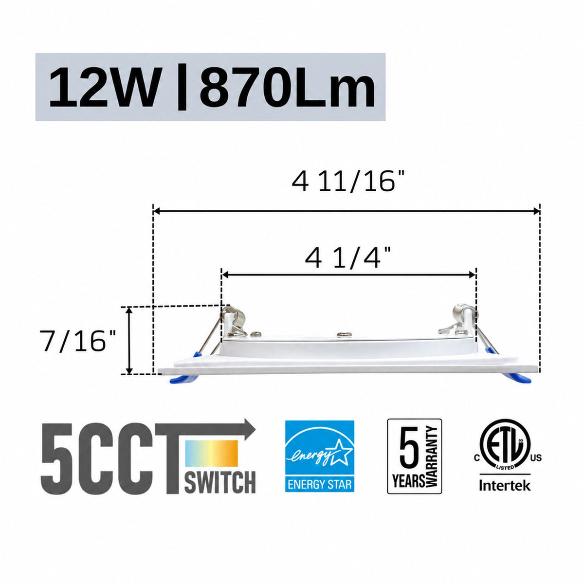 4" SQUARE SUPER-THIN LED SLIM PANEL, DIMMABLE, 12W, 870LM (5CCT SWITCHABLE)2700K-3000K-3500K-4000K-5000K, AIRTIGHT WITH JUNCTION BOX