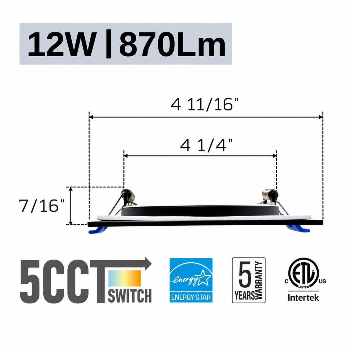 4" SQUARE SUPER-THIN LED SLIM PANEL, DIMMABLE, 12W, Up to 870LM 5CCT SWITCHABLE 2700K-3000K-3500K-4000K-5000K, AIRTIGHT WITH JUNCTION BOX (Black Trim)