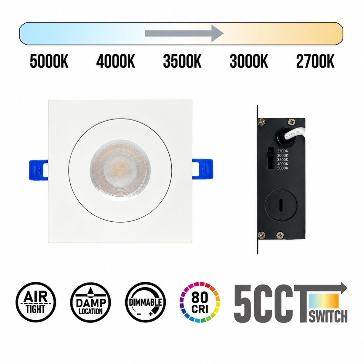 4" SQUARE GIMBAL LED SLIM PANEL, DIMMABLE, 9W, 700LM, (5CCT SWITCHABLE) 2700K-3000K-3500K-4000K-5000K, AIRTIGHT WITH JUNCTION BOX (WHITE TRIM)