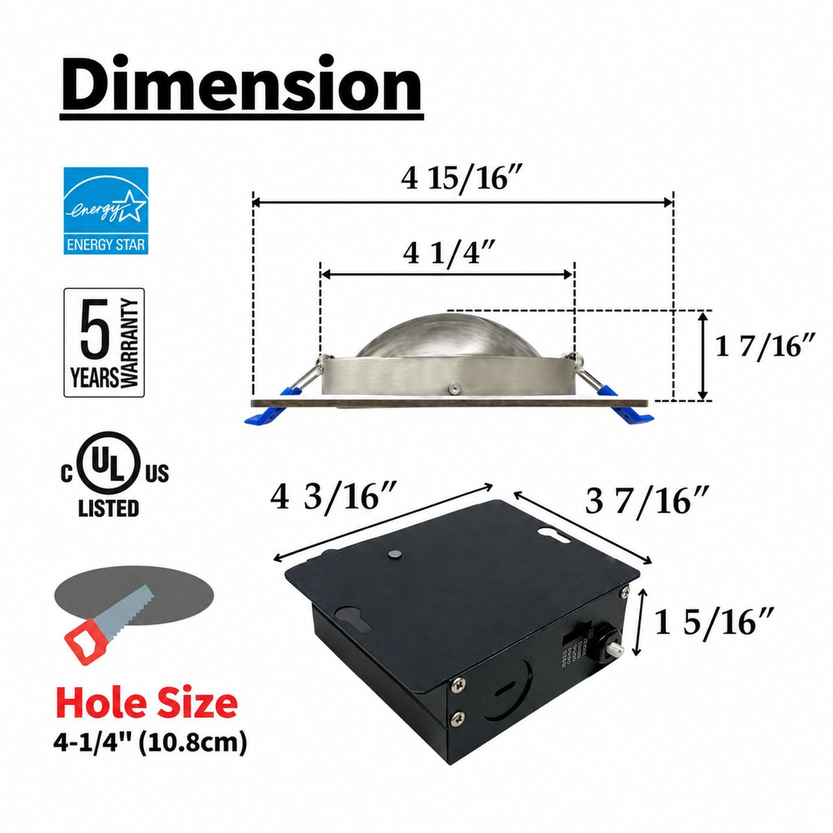 4" SQUARE GIMBAL LED SLIM PANEL, DIMMABLE, 9W, 860LM, (5CCT SWITCHABLE) 2700K-3000K-3500K-4000K-5000K, AIRTIGHT WITH JUNCTION BOX (BRUSHED NICKEL TRIM)