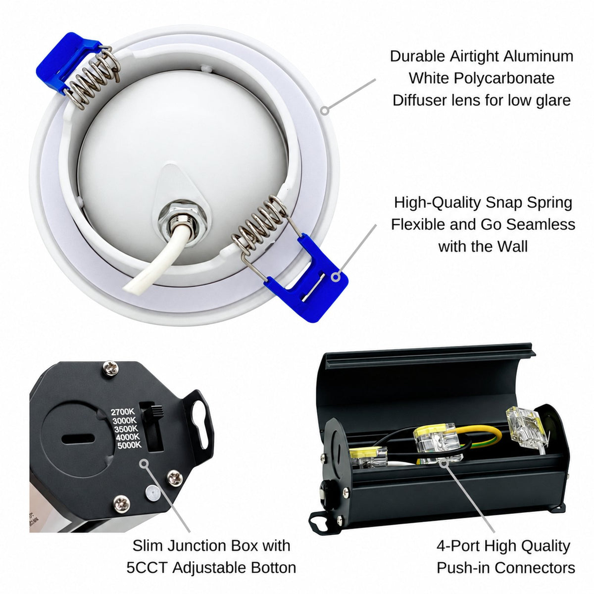 2" ROUND GIMBAL LED SLIM PANEL, DIMMABLE, 5W, 400LM, (5CCT SWITCHABLE) 2700K-3000K-3500K-4000K-5000K, , AIRTIGHT WITH JUNCTION BOX (WHITE TRIM)