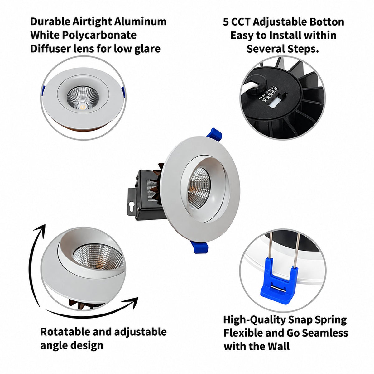 3.5" ROUND BAFFLE LED RECESSED LIGHT, 9W, 650LM, 5CCT SWITCHABLE 2700K-3000K-3500K-4000K-5000K, AIRTIGHT WITH JUNCTION BOX (WHITE TRIM)