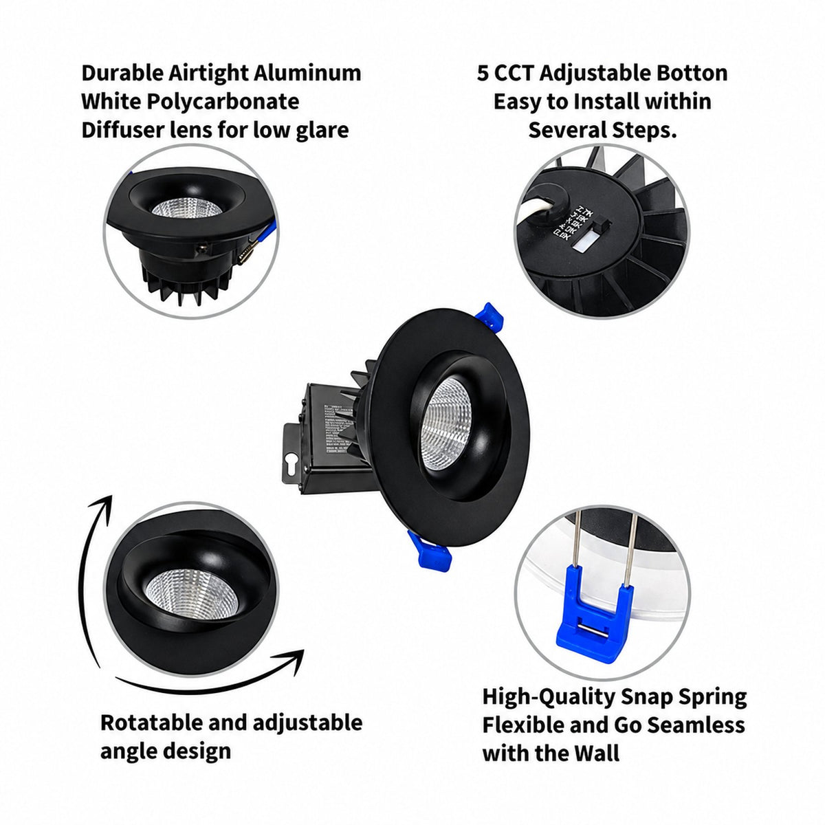 4" Round Baffle LED RECESSED LIGHT, 12W, 830LM, (5CCT SWITCHABLE 2,700K-3,000K-3500K-4000k-5000k, AIRTIGHT WITH JUNCTION BOX (Black Trim) - Reno Supplies