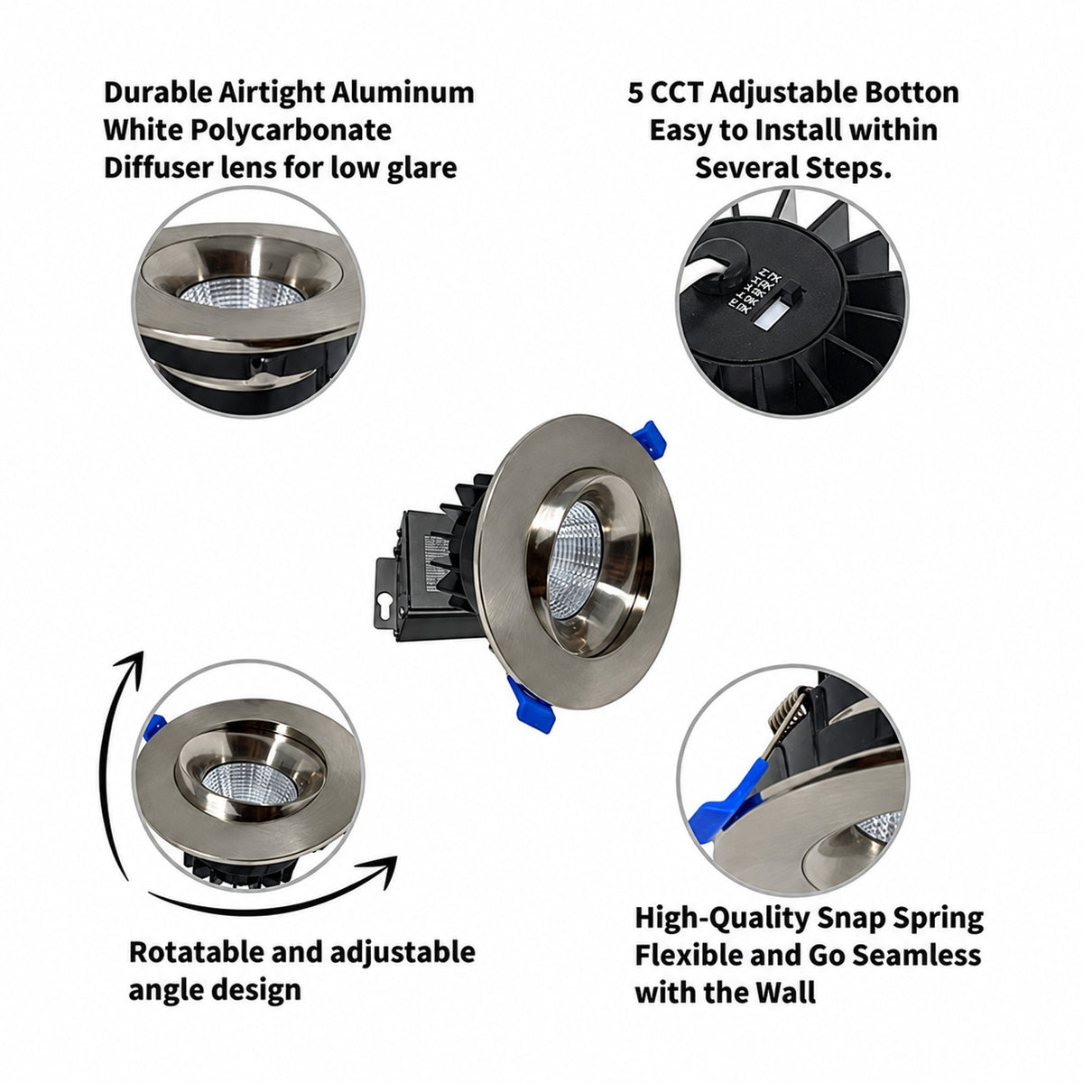 4" Round Baffle LED RECESSED LIGHT, 12W, 830LM, (5CCT SWITCHABLE 2,700K-3,000K-3500K-4000k-5000k, AIRTIGHT WITH JUNCTION BOX (Brushed Nicekl) - Reno Supplies