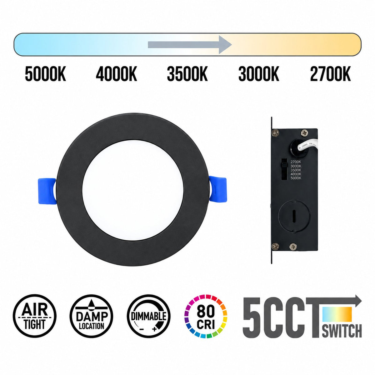 3.5" ROUND SUPER-THIN LED SLIM PANEL, DIMMABLE, 7W, 500LM (5CCT SWITCHABLE) 2700K-3000K-3500K-4000K-5000K, AIRTIGHT WITH JUNCTION BOX  (Black Trim)
