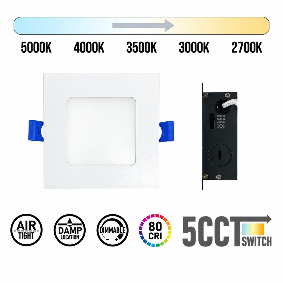 4" SQUARE SUPER-THIN LED SLIM PANEL, DIMMABLE, 12W, 870LM (5CCT SWITCHABLE)2700K-3000K-3500K-4000K-5000K, AIRTIGHT WITH JUNCTION BOX