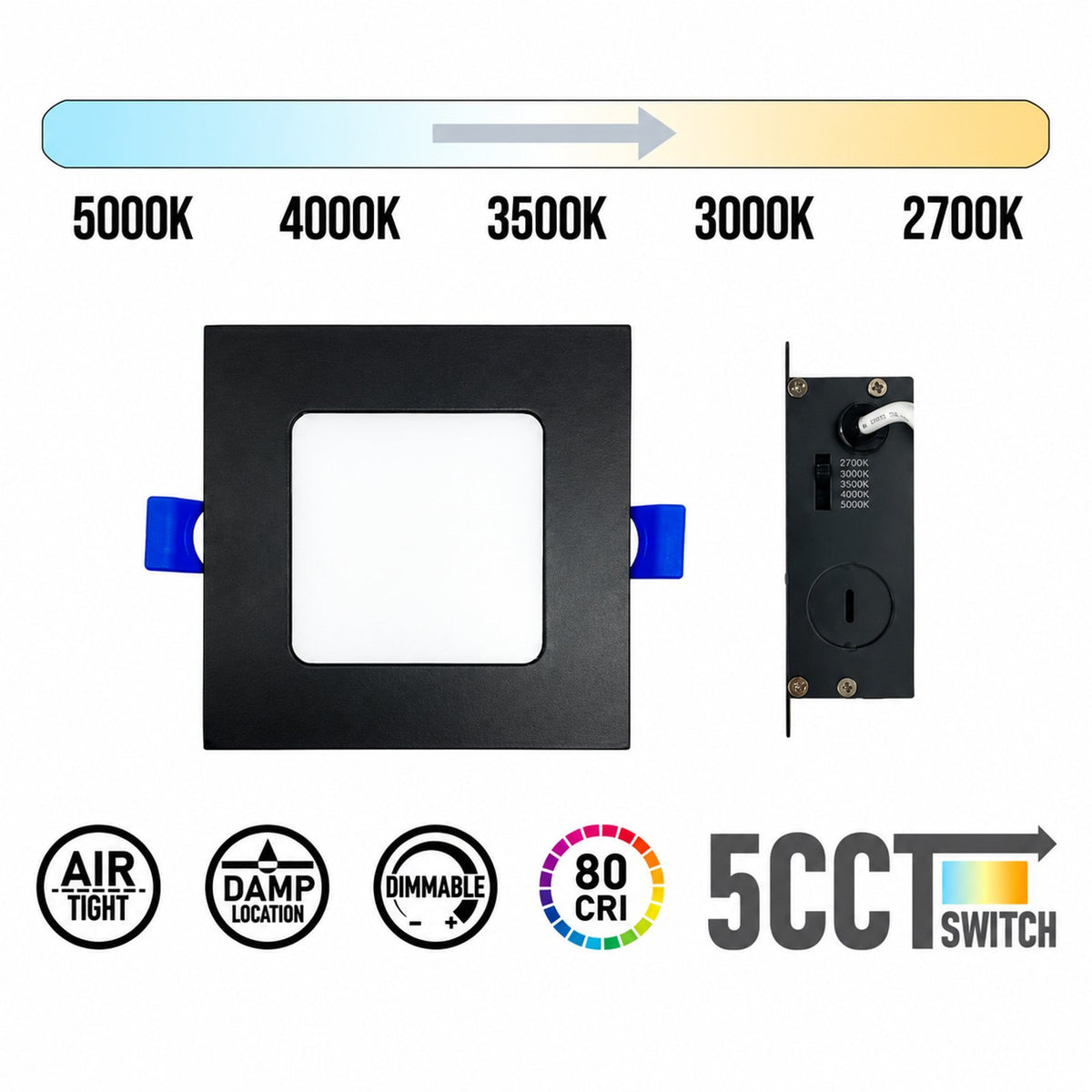 4" SQUARE SUPER-THIN LED SLIM PANEL, DIMMABLE, 12W, Up to 870LM 5CCT SWITCHABLE 2700K-3000K-3500K-4000K-5000K, AIRTIGHT WITH JUNCTION BOX (Black Trim)
