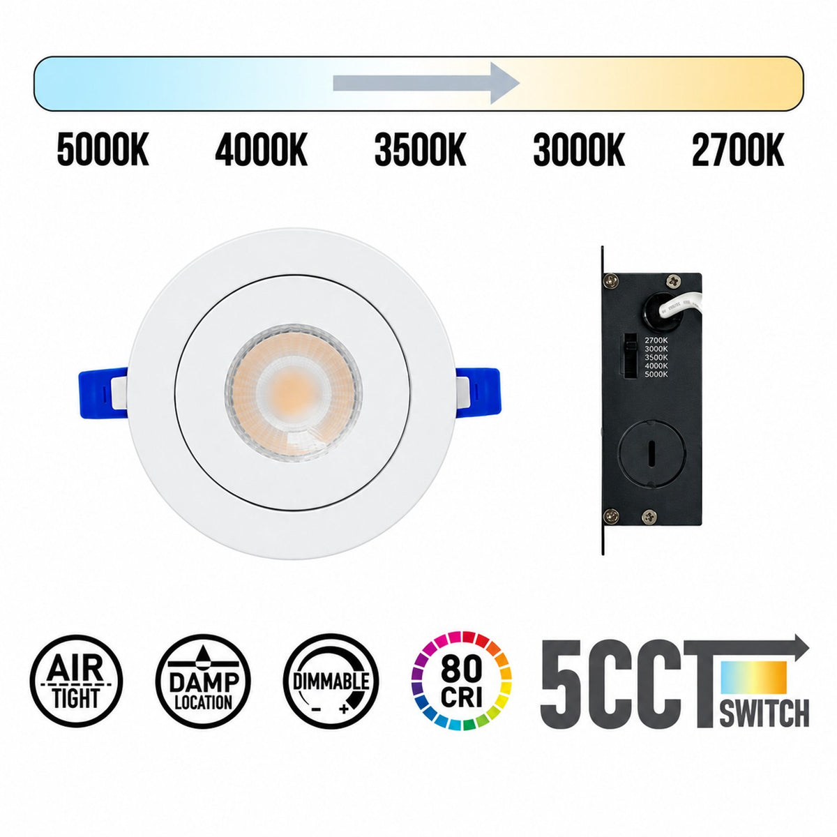4" Round Gimbal LED Slim panel, Dimmable, 9W, 860LM, (5CCT SWITCHABLE)  2700K-3000K-3500K-4000K-5000K, Airtight with junction box (WHITE TRIM)