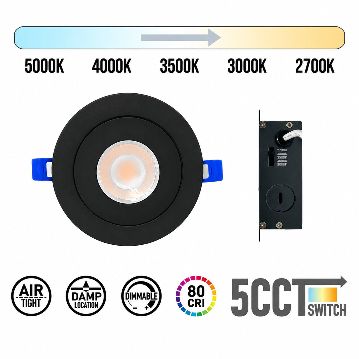 4" Round Gimbal LED Slim panel, Dimmable, 9W, 860LM, 5CCT SWITCHABLE (2700K/3000K/3500K/4000K/5000K), Airtight with junction box (Black Trim)