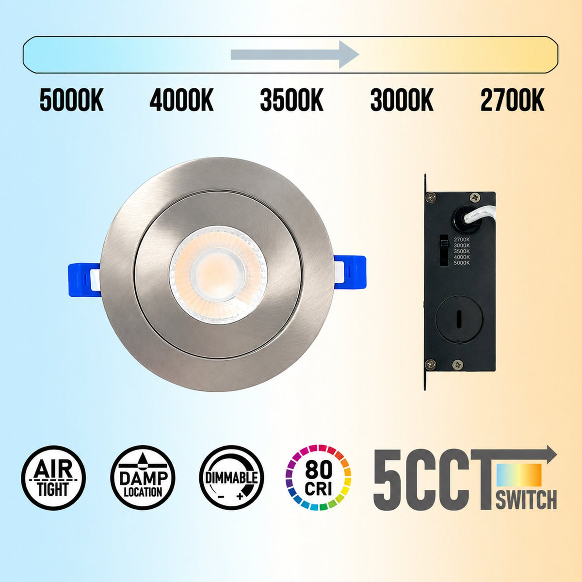 4" Round Gimbal LED Slim panel, Dimmable, 9W, 860LM, (5CCT SWITCHABLE) 2700K-3000K-3500K-4000K-5000K, Airtight with junction box (BRUSHED NICKEL TRIM)