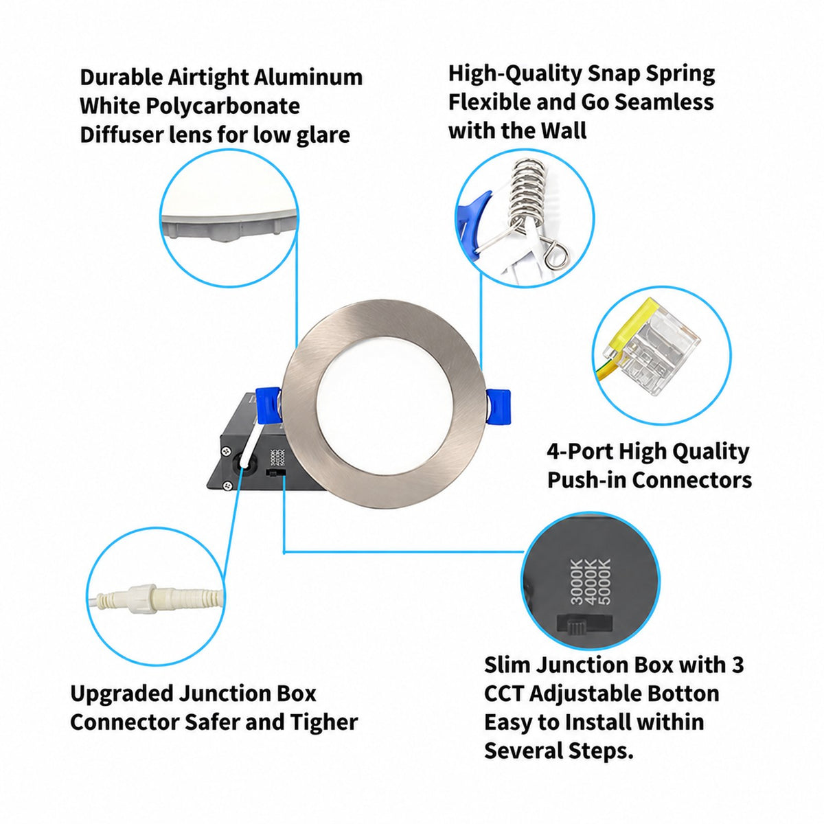 6" Round SUPER-THIN LED SLIM PANEL, DIMMABLE, 15W, 1000LM (3CCT SWITCHABLE) 3000K-4000K-5000K, AIRTIGHT WITH JUNCTION BOX (Brushed Nickel Trim) - Reno Supplies