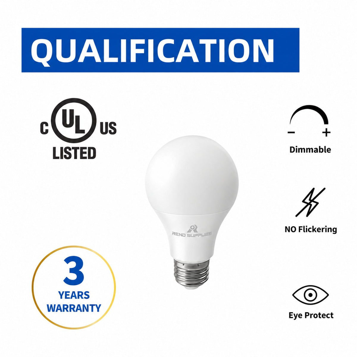 RS A19 LED Bulbs, Dimmable, 9W (60-Watt Halogen Bulb Equivalent), 800Lumens, E26 Base, 15,000 Hour Lifetime, UL Listed - Reno Supplies