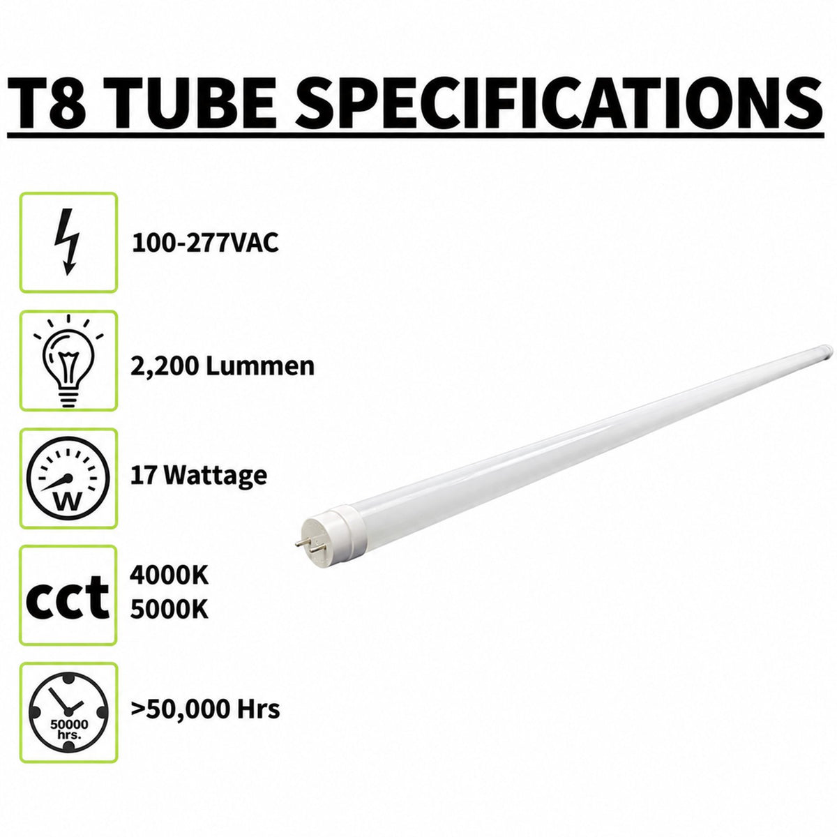 4FT T8 LED Tube Light, Type B, 17W, 2200 LM, Dual-Ended Ballast by-Pass, 48’’ Fluorescent Light Bulbs Replacement (4000K/5000K)