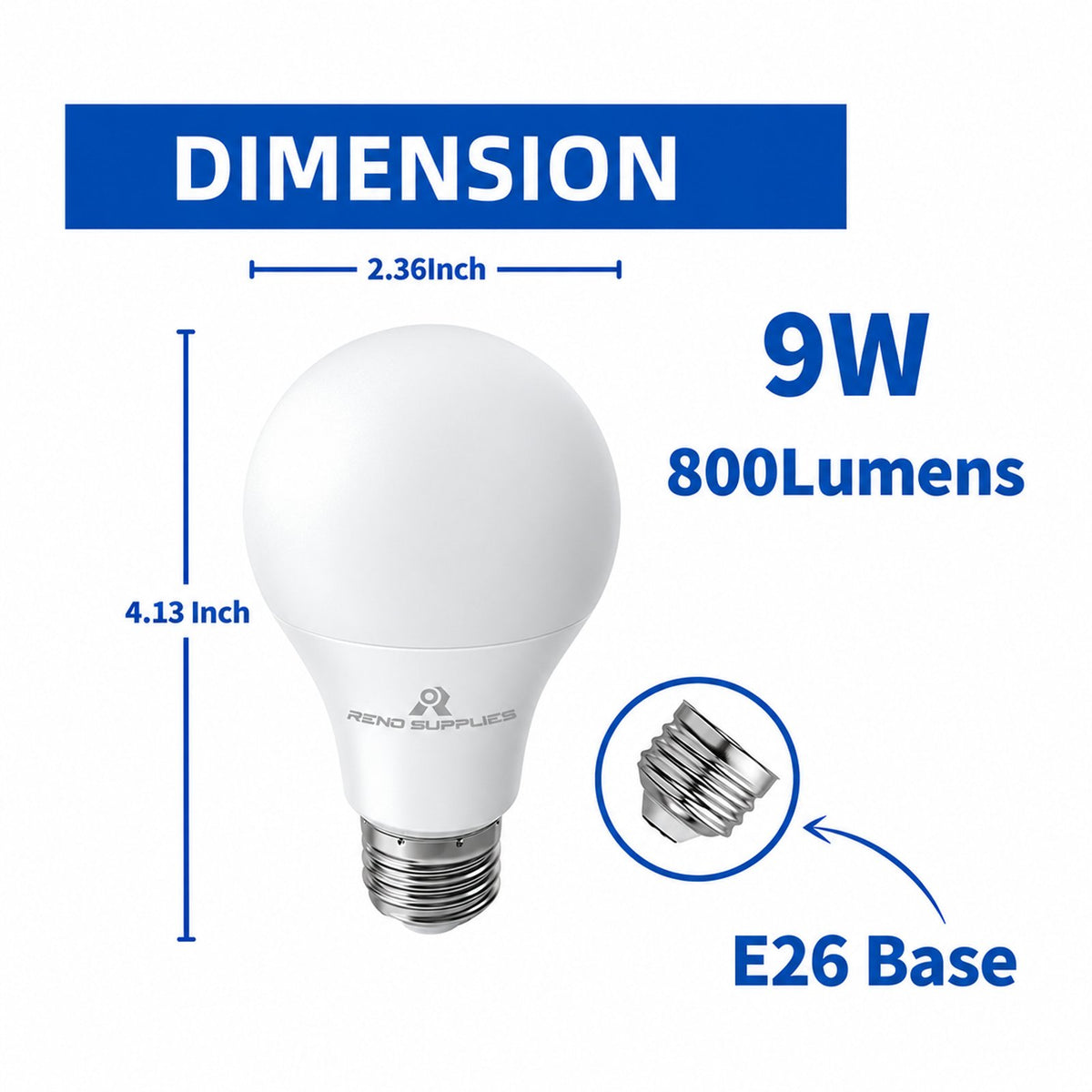 RS A19 LED Bulbs, Dimmable, 9W (60-Watt Halogen Bulb Equivalent), 800Lumens, E26 Base, 15,000 Hour Lifetime, UL Listed - Reno Supplies