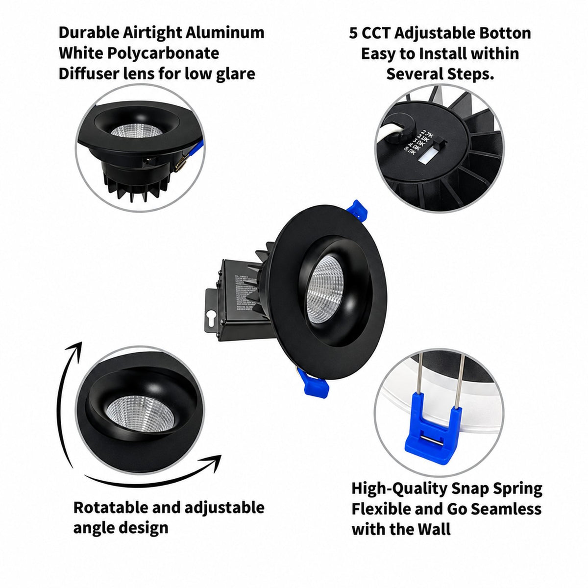 3.5" ROUND BAFFLE LED RECESSED LIGHT, 9W, 650LM, 5CCT SWITCHABLE 2700K-3000K-3500K-4000K-5000K, AIRTIGHT WITH JUNCTION BOX (BLACK TRIM)